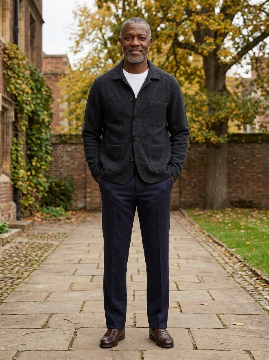 Hutton knit cardigan jacket in Black, lifestyle in a brick college courtyard, Gentlemens Manor