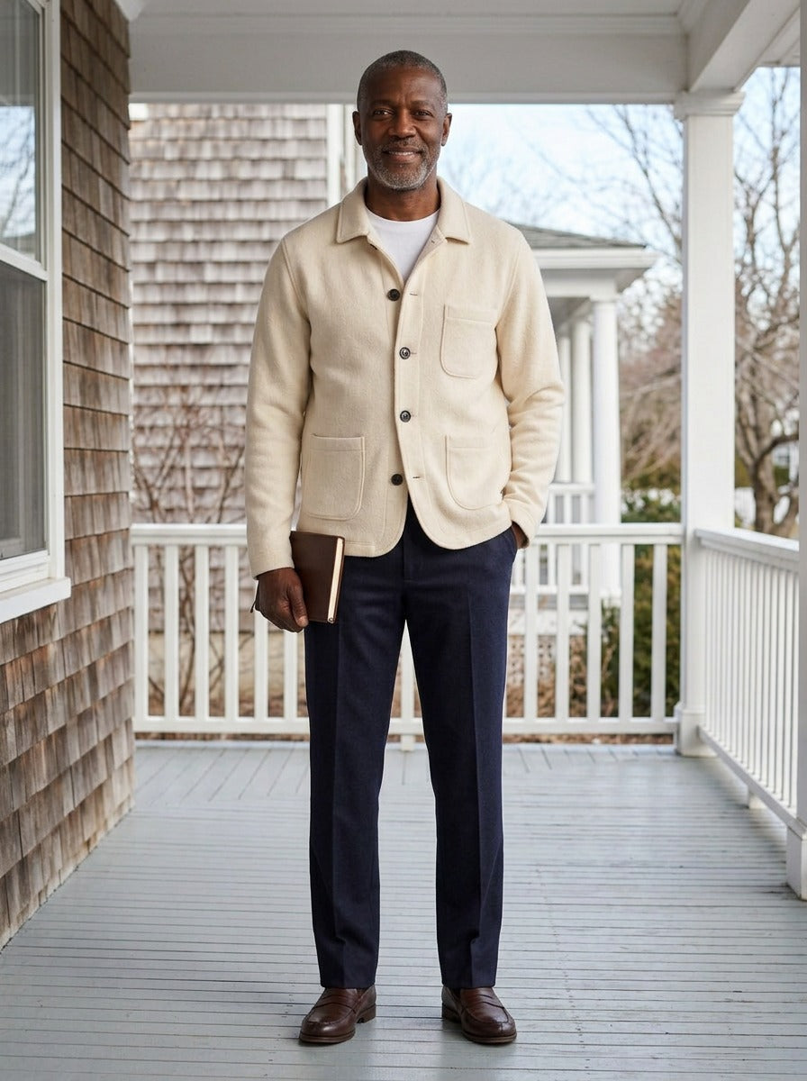 Hutton knit cardigan jacket in Cream, lifestyle on a covered porch, Gentlemens Manor