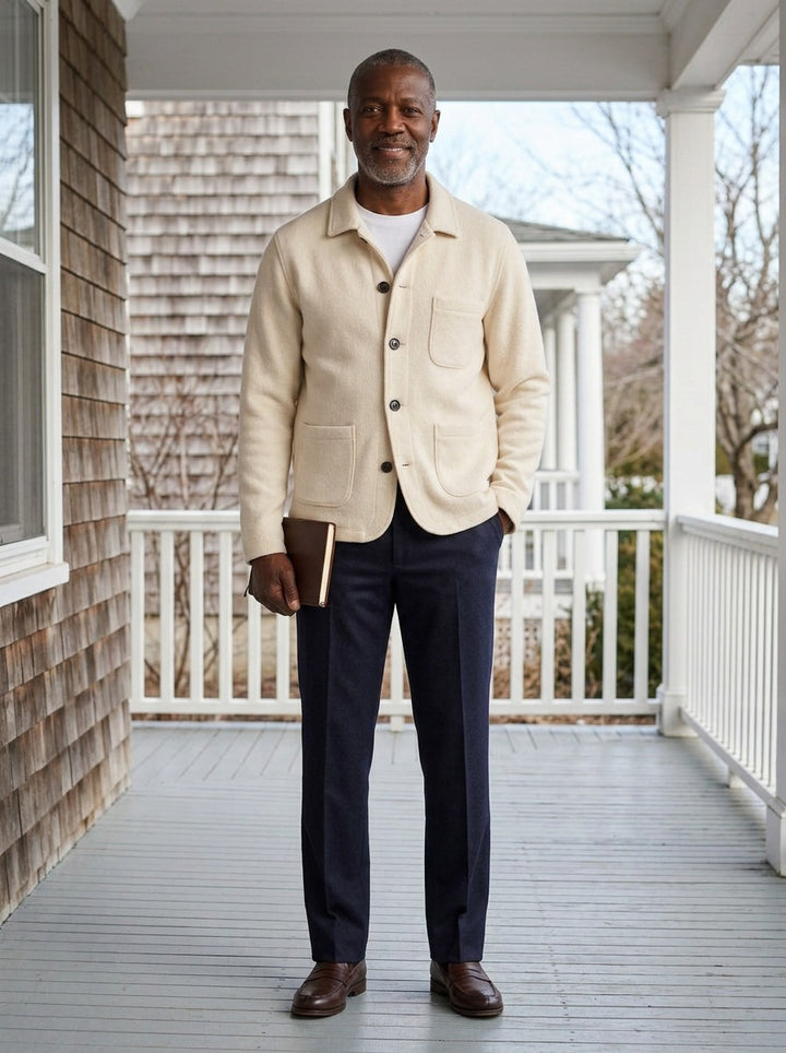 Hutton knit cardigan jacket in Cream, lifestyle on a covered porch, Gentlemens Manor