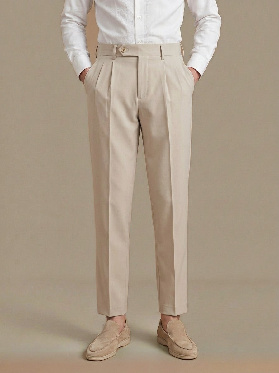 Huxley high waist pleated trousers in Beige, studio, Gentlemens Manor
