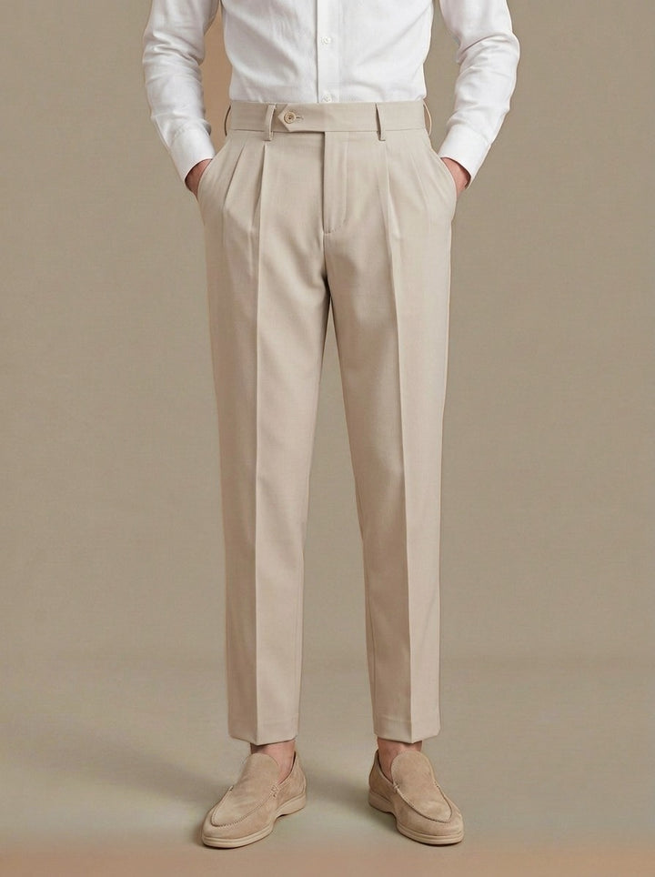 Huxley high waist pleated trousers in Beige, studio, Gentlemens Manor