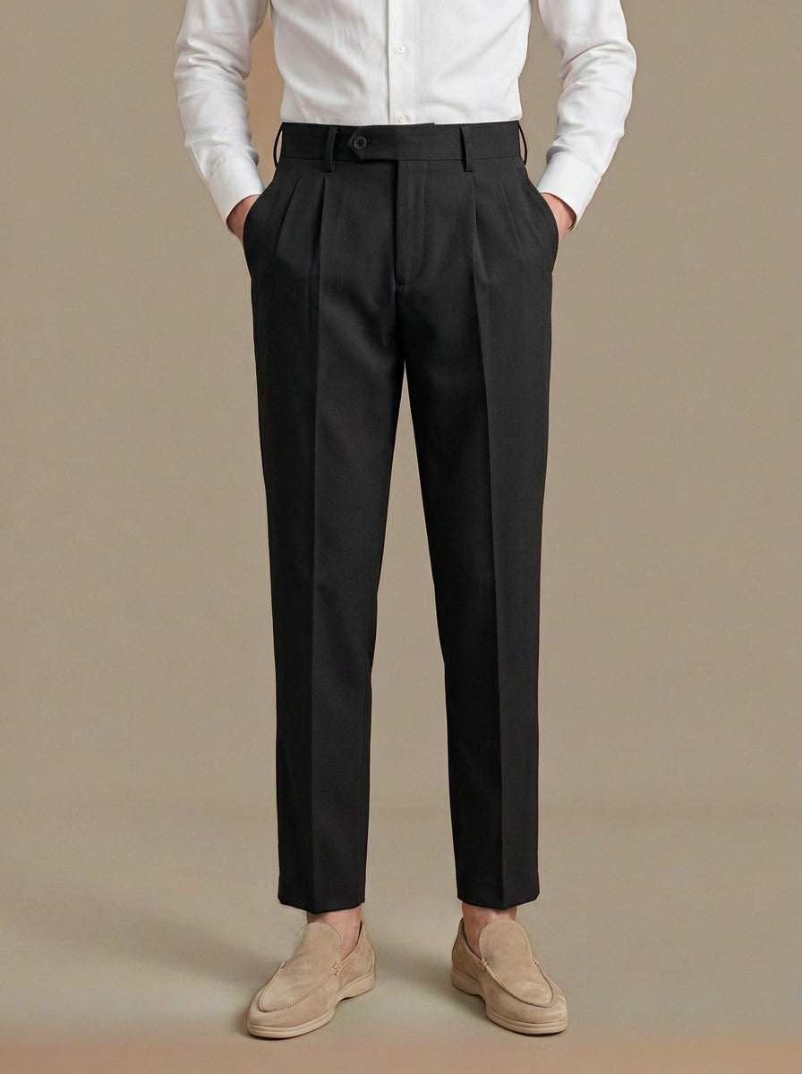 Huxley high waist pleated trousers in Black, studio, Gentlemens Manor