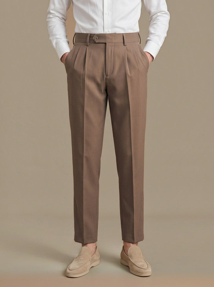 Huxley high waist pleated trousers in Brown, studio, Gentlemens Manor