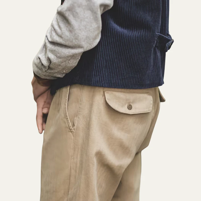 The Huskisson Men’s High Waisted Relaxed Straight Leg Dress Trousers – Khaki
