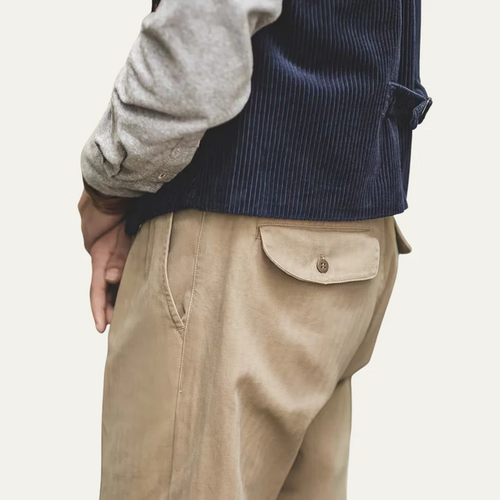 The Huskisson Men’s High Waisted Relaxed Straight Leg Dress Trousers – Khaki