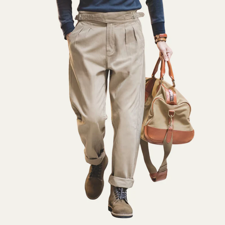 The Huskisson Men’s High Waisted Relaxed Straight Leg Dress Trousers – Khaki