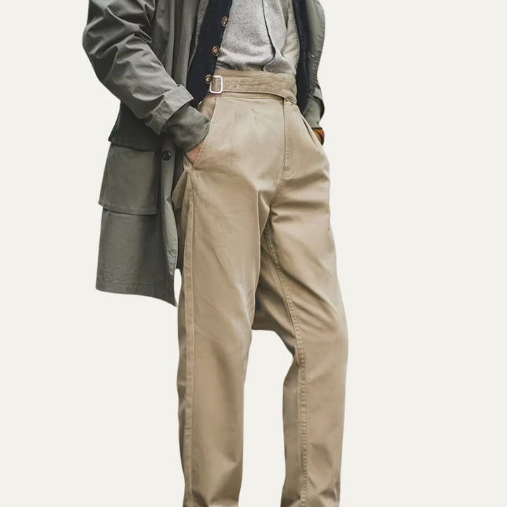 The Huskisson Men’s High Waisted Relaxed Straight Leg Dress Trousers – Khaki
