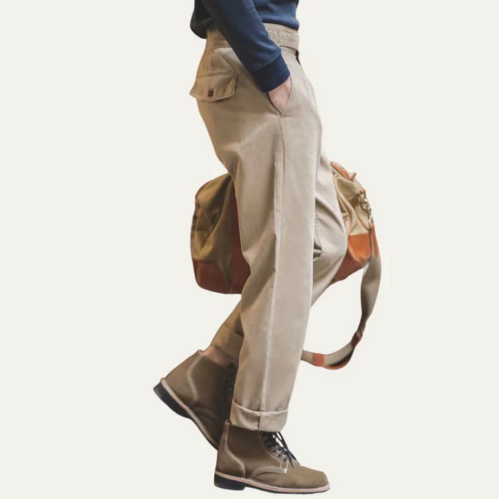 The Huskisson Men’s High Waisted Relaxed Straight Leg Dress Trousers – Khaki