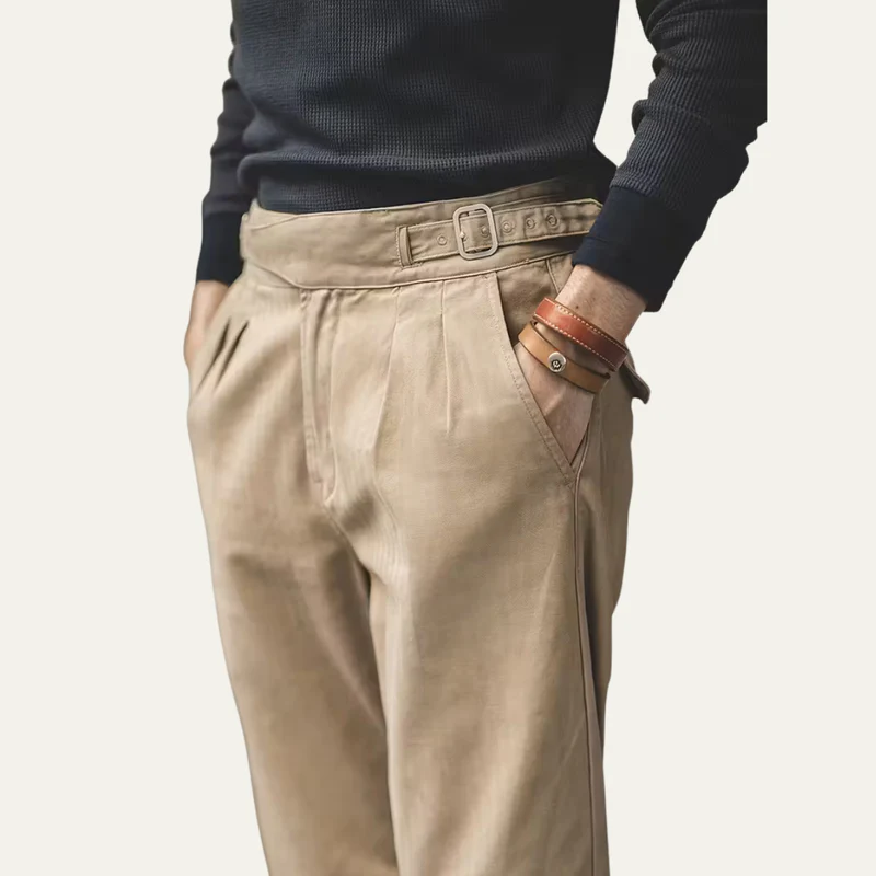 The Huskisson Men’s High Waisted Relaxed Straight Leg Dress Trousers – Khaki