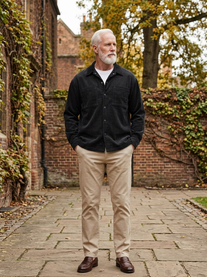 Ingleby square pocket corduroy shirt jacket in Black, lifestyle in a brick college courtyard, Gentlemens Manor