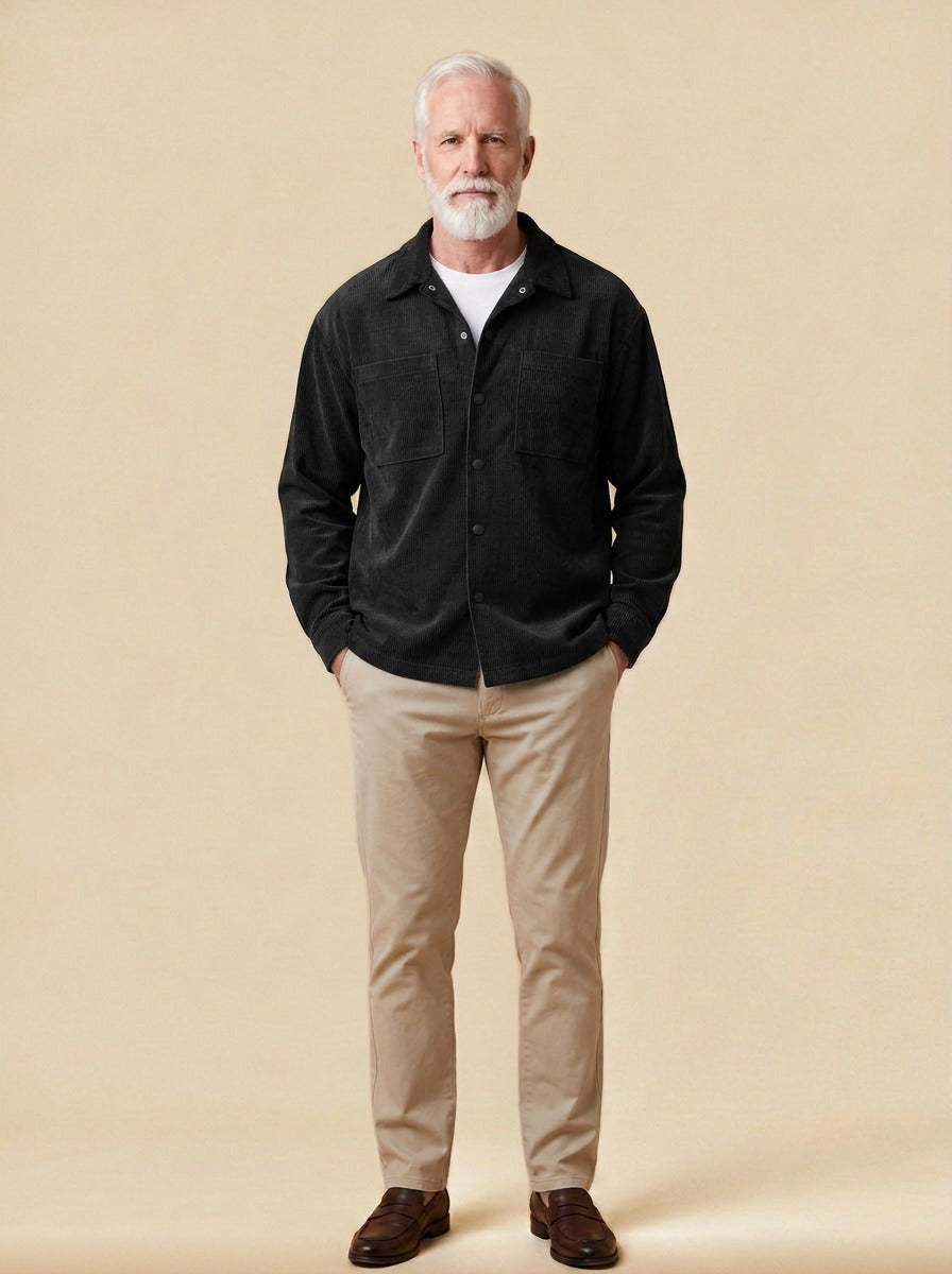 Ingleby square pocket corduroy shirt jacket in Black, studio, Gentlemens Manor