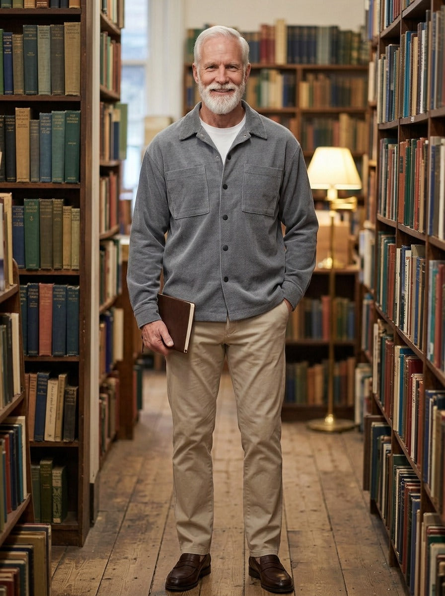 Ingleby square pocket corduroy shirt jacket in Grey, lifestyle in a secondhand bookshop, Gentlemens Manor