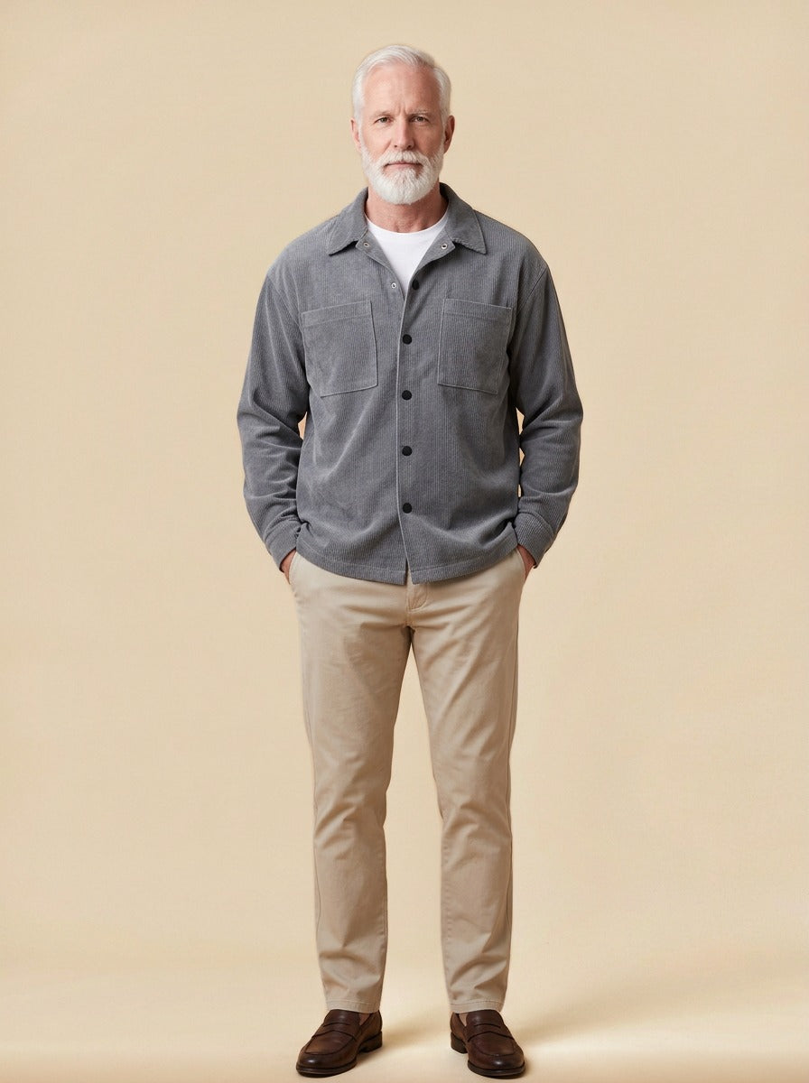 Ingleby square pocket corduroy shirt jacket in Grey, studio, Gentlemens Manor
