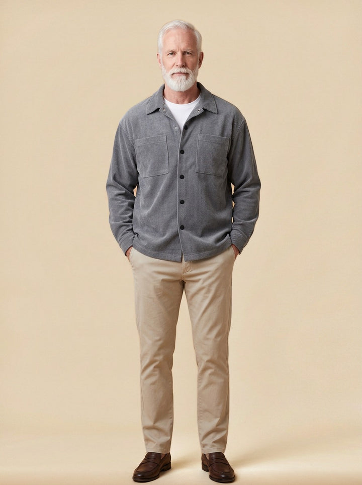 Ingleby square pocket corduroy shirt jacket in Grey, studio, Gentlemens Manor