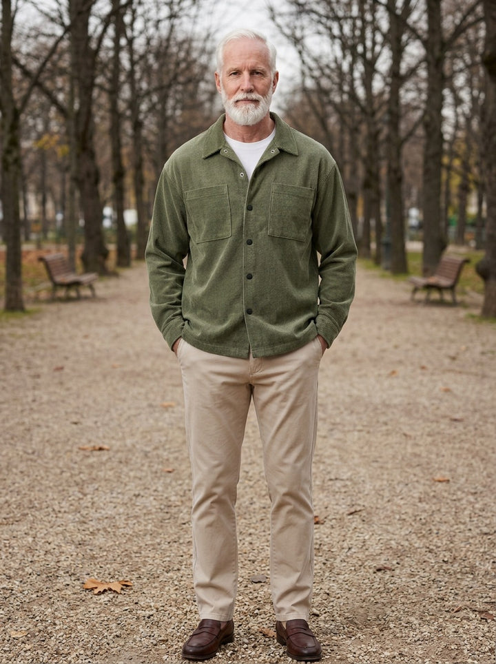 Ingleby square pocket corduroy shirt jacket in Olive, lifestyle on a park path, Gentlemens Manor