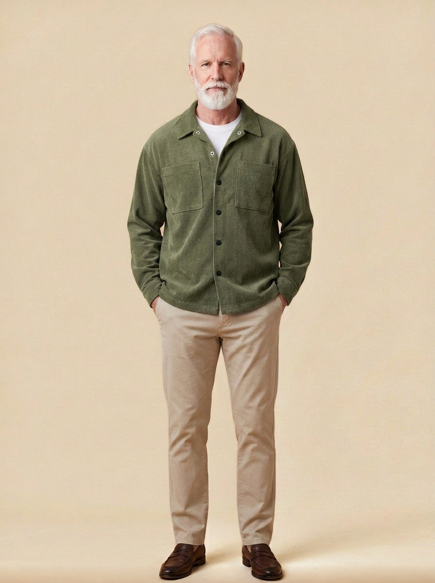Ingleby square pocket corduroy shirt jacket in Olive, studio, Gentlemens Manor