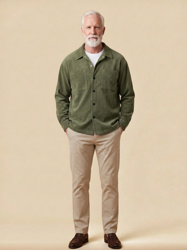 Ingleby square pocket corduroy shirt jacket in Olive, studio, Gentlemens Manor