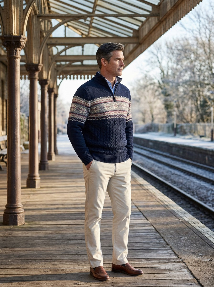 Ingram fair isle sweater in Navy, lifestyle, Gentlemens Manor