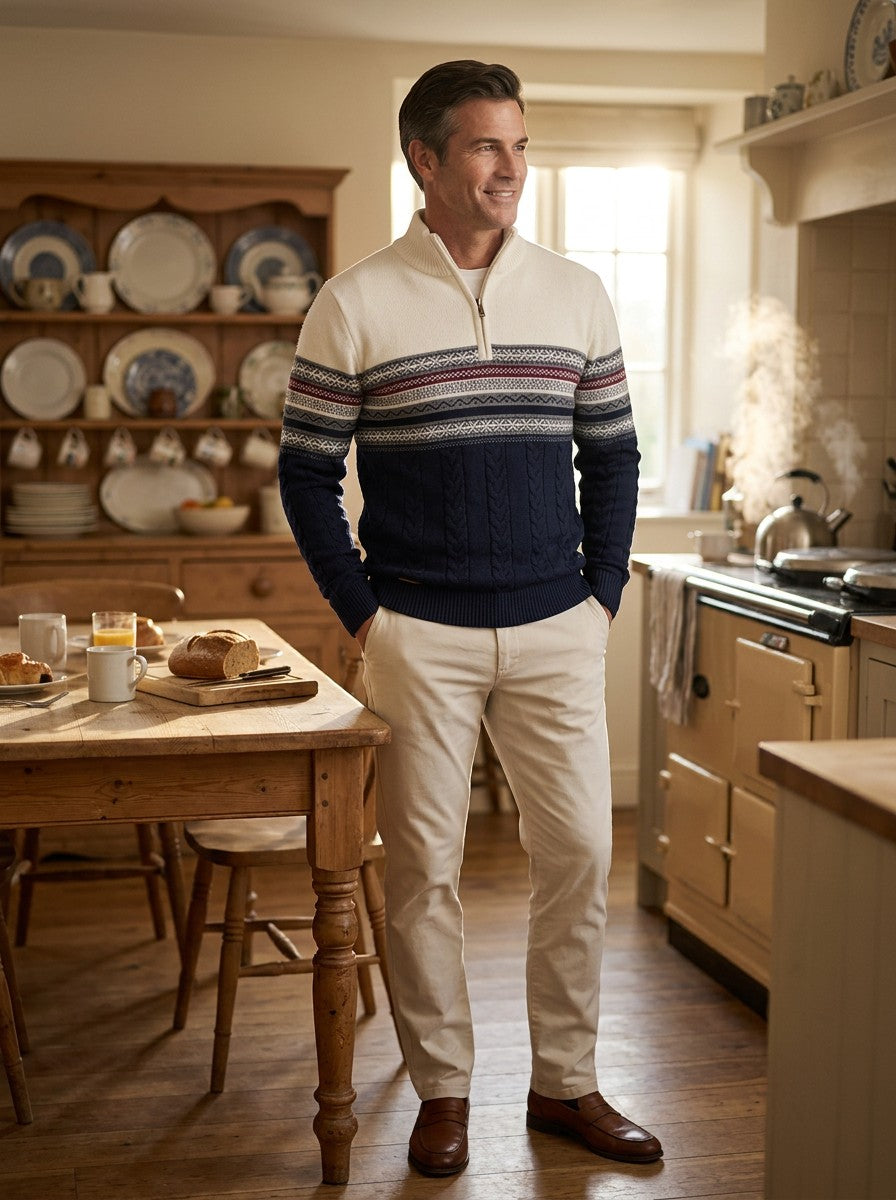 Ingram fair isle sweater in White, lifestyle, Gentlemens Manor