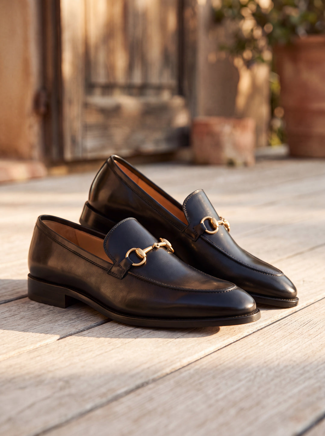 Ira loafers in Black, Mediterranean setting - Gentlemens Manor lifestyle