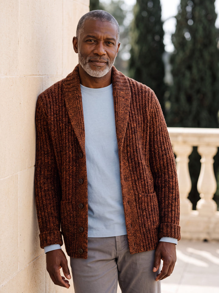 Irving cardigan in Brown, worn by a model in a Mediterranean setting - Gentlemens Manor lifestyle