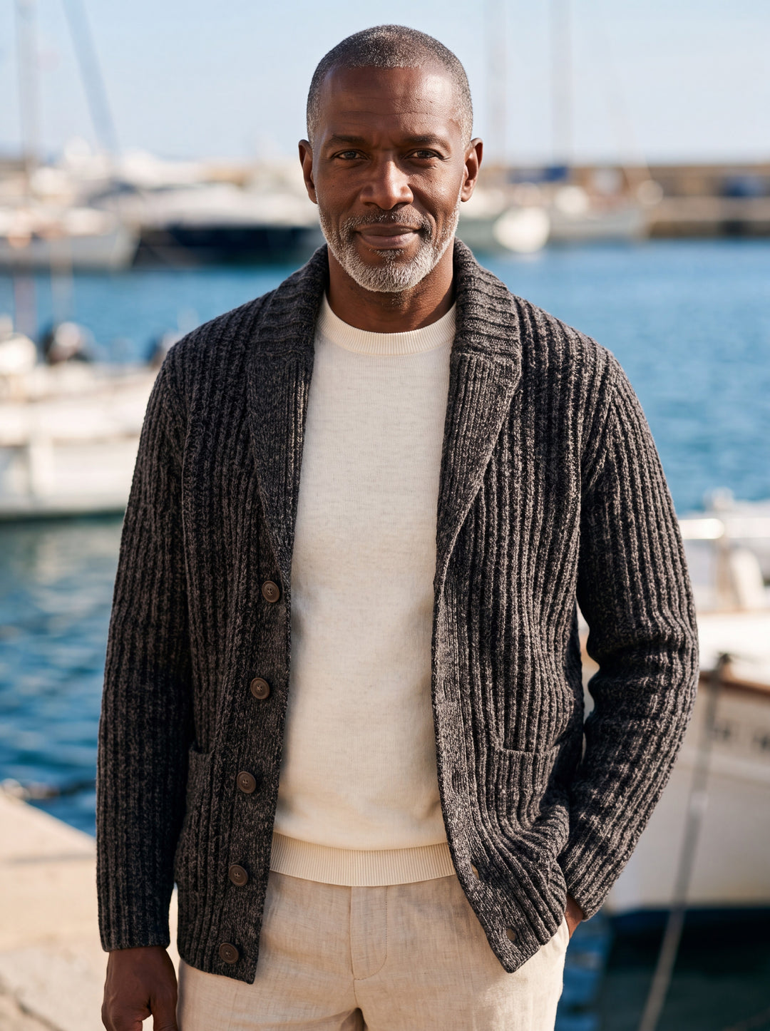 Irving cardigan in Charcoal, worn by a model in a Mediterranean setting - Gentlemens Manor lifestyle
