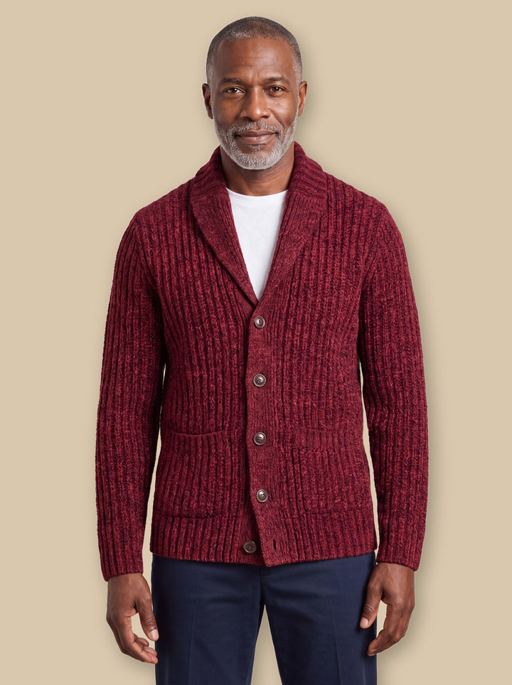 Irving knit sweater in Red, worn by a model on a warm sand studio background - Gentlemens Manor