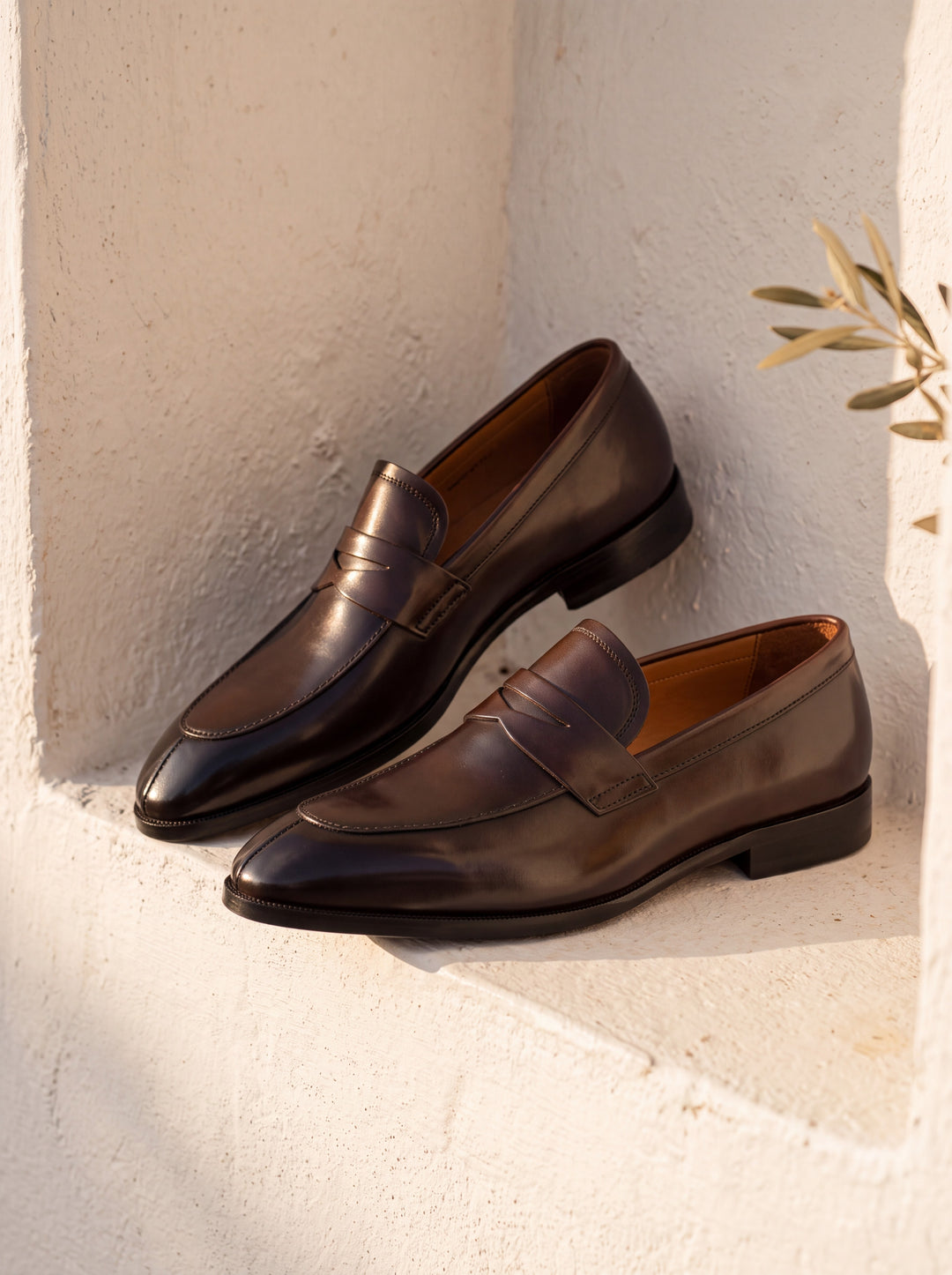 Irving loafers in Brown, Mediterranean setting - Gentlemens Manor lifestyle