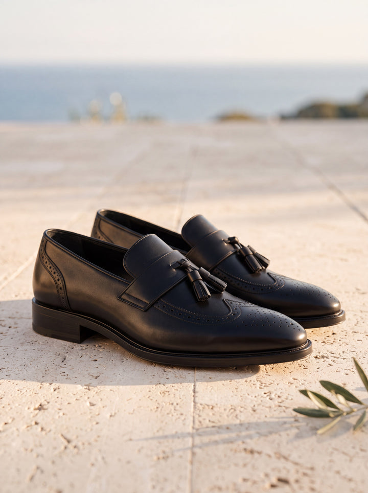 Isaac loafers in Black, Mediterranean setting - Gentlemens Manor lifestyle