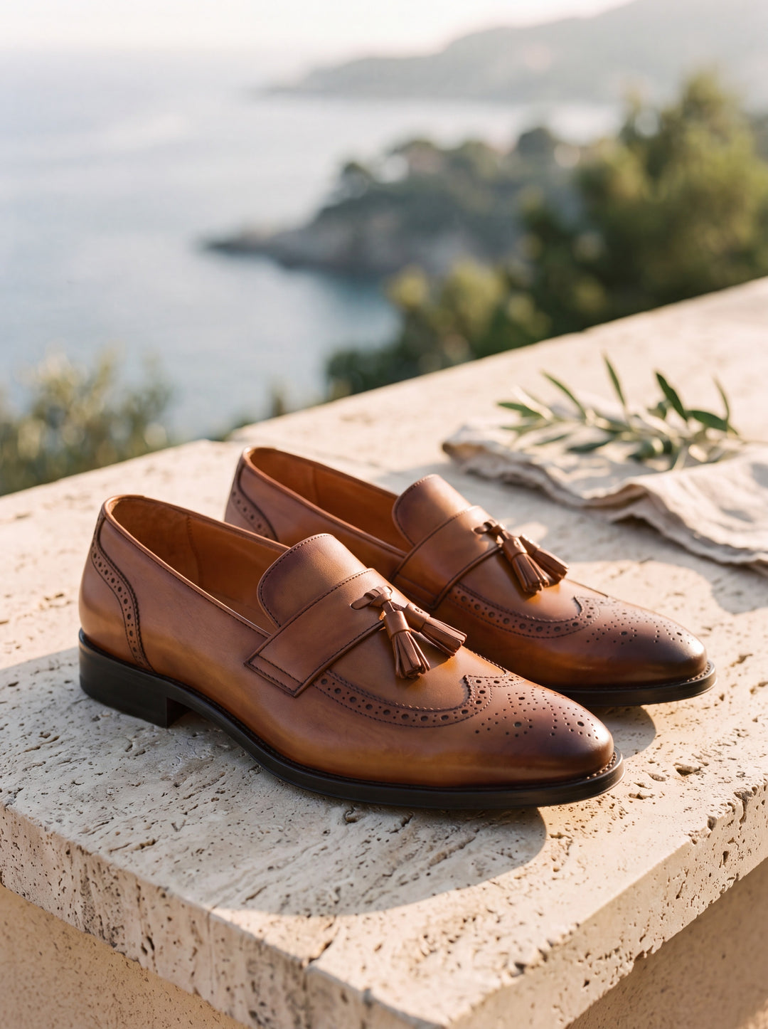 Isaac loafers in Brown, Mediterranean setting - Gentlemens Manor lifestyle