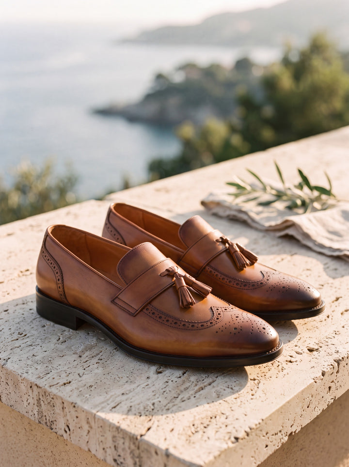 Isaac loafers in Brown, Mediterranean setting - Gentlemens Manor lifestyle