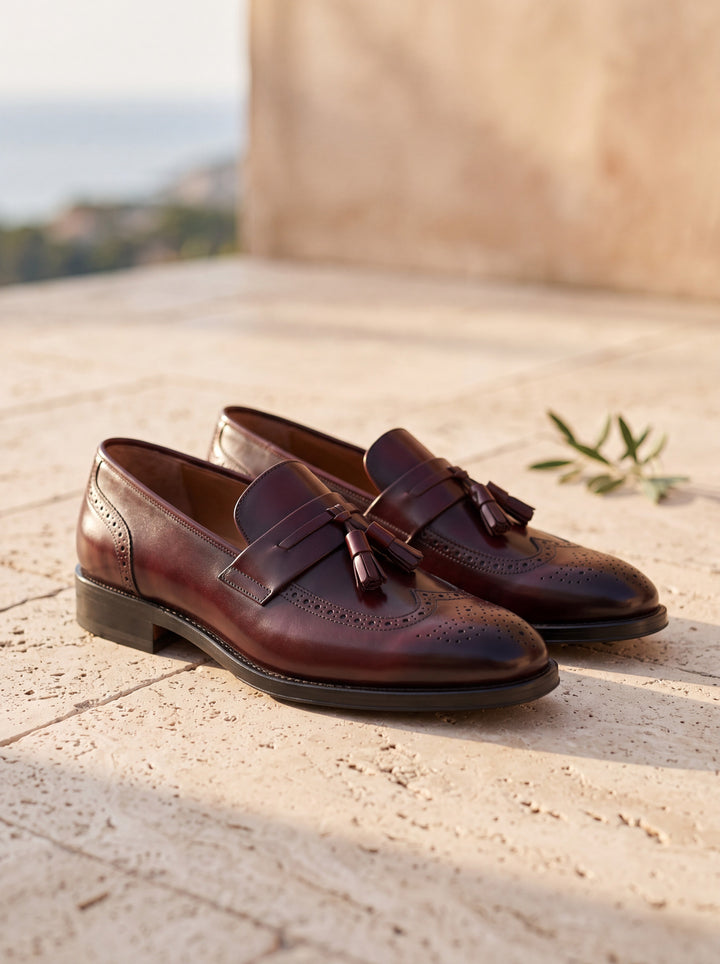 Isaac loafers in Red, Mediterranean setting - Gentlemens Manor lifestyle