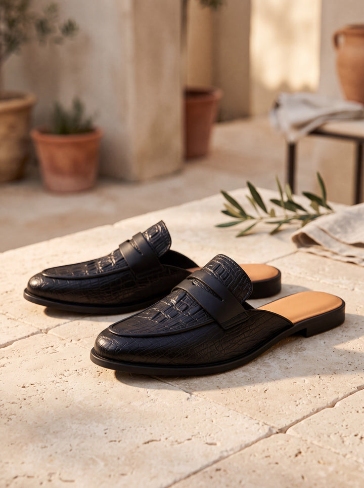Isaiah loafers in Black, Mediterranean setting - Gentlemens Manor lifestyle