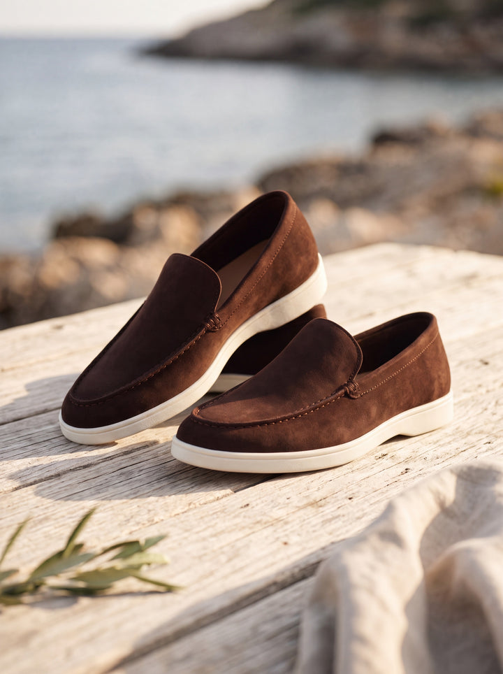 Jacob loafers in Brown, Mediterranean setting - Gentlemens Manor lifestyle