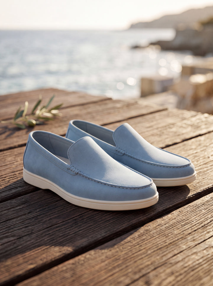 Jacob loafers in Light Blue, Mediterranean setting - Gentlemens Manor lifestyle