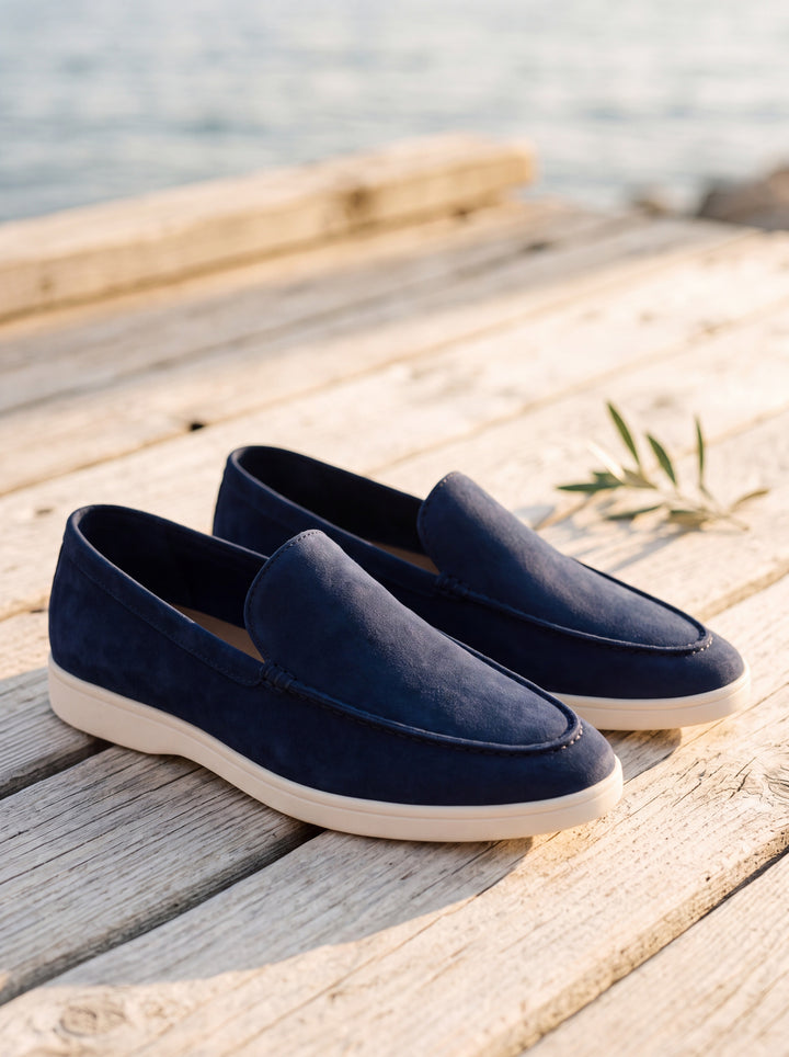Jacob loafers in Navy, Mediterranean setting - Gentlemens Manor lifestyle