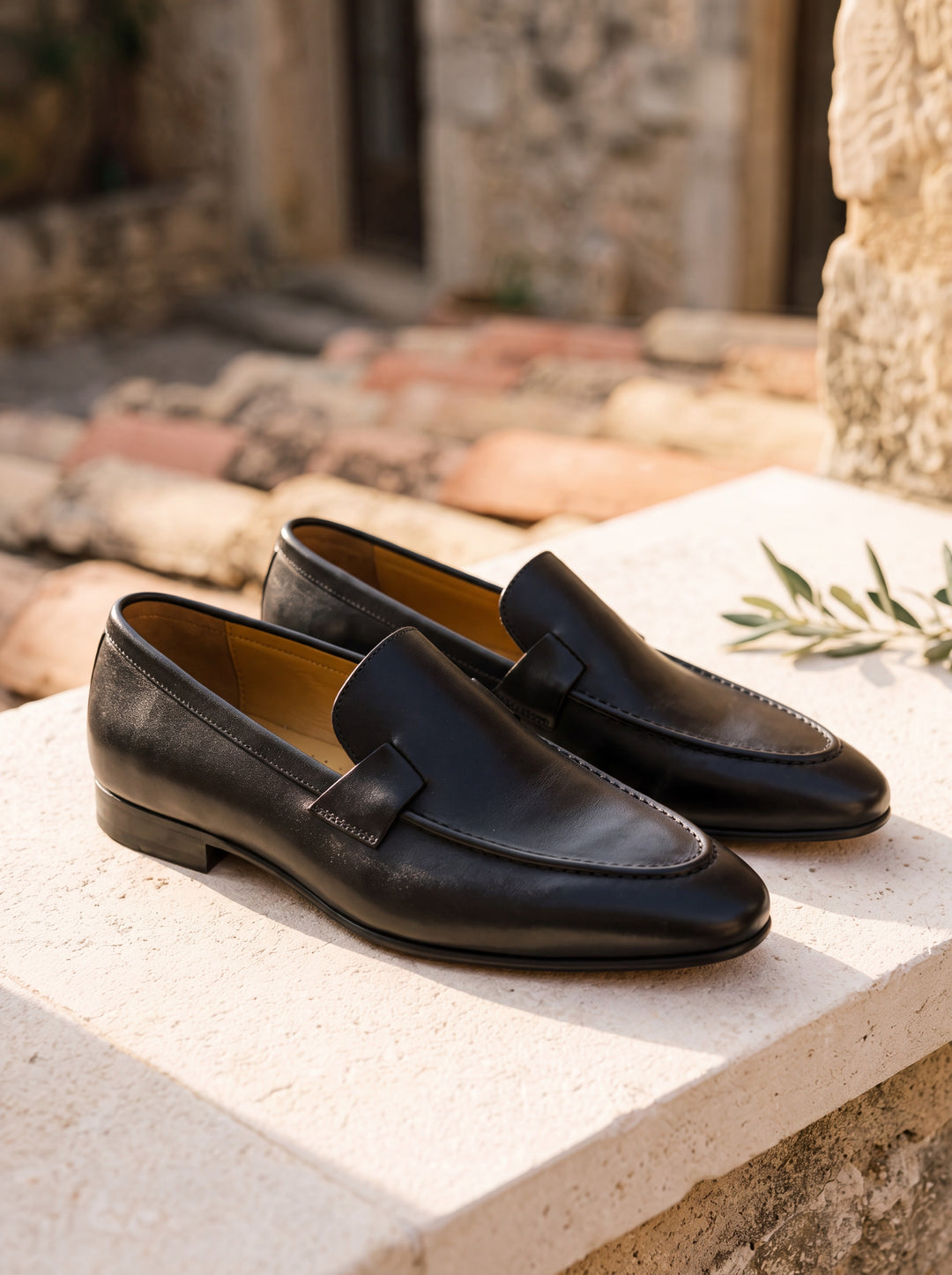 Jared loafers in Black, Mediterranean setting - Gentlemens Manor lifestyle