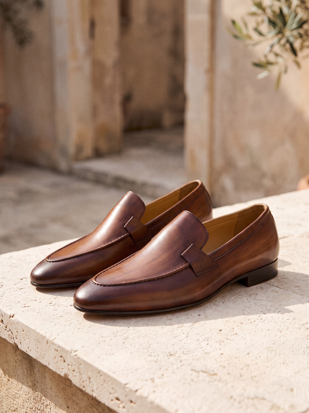 Jared loafers in Brown, Mediterranean setting - Gentlemens Manor lifestyle