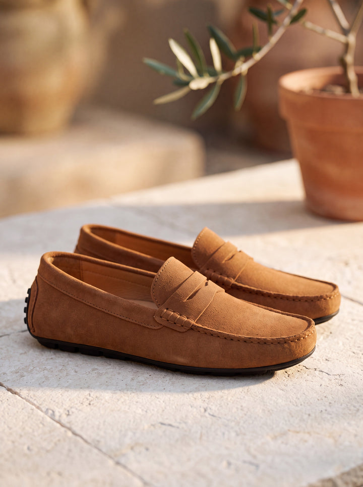 Jasper loafers in Brown, Mediterranean setting - Gentlemens Manor lifestyle