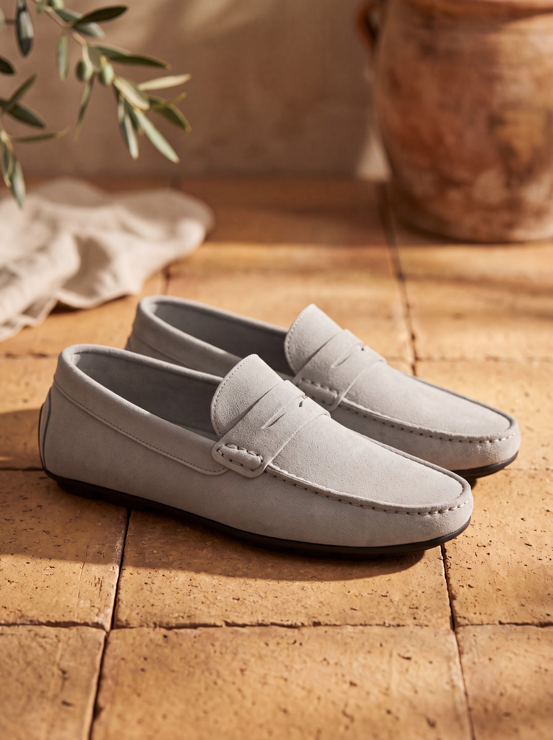 Jasper loafers in Grey, Mediterranean setting - Gentlemens Manor lifestyle