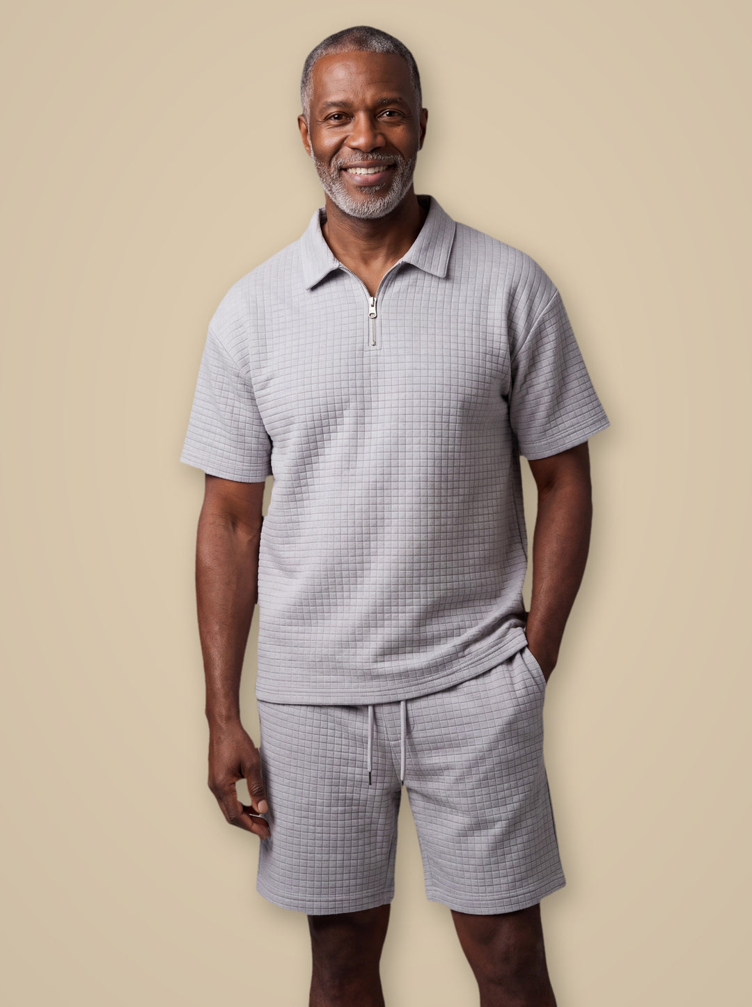 Jasper two piece set in White, worn by a model on a warm taupe studio background - Gentlemens Manor