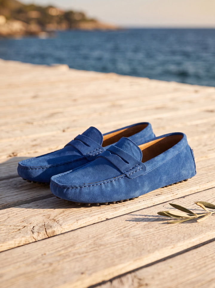 Jed loafers in Blue, Mediterranean setting - Gentlemens Manor lifestyle