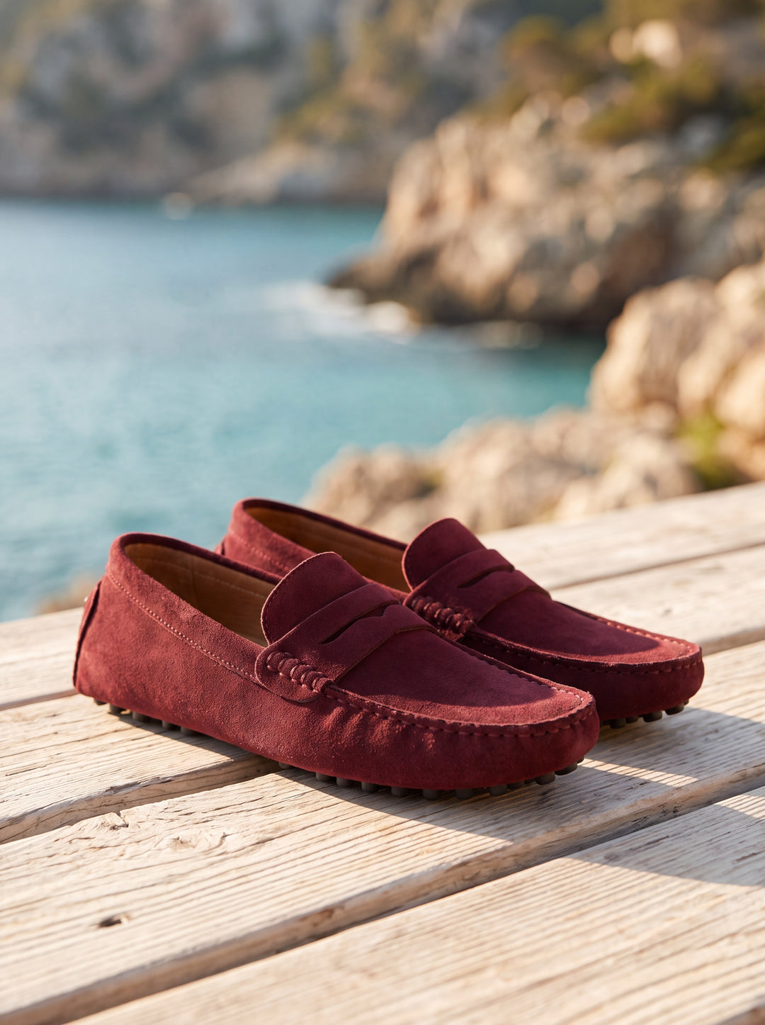 Jed loafers in Burgundy, Mediterranean setting - Gentlemens Manor lifestyle
