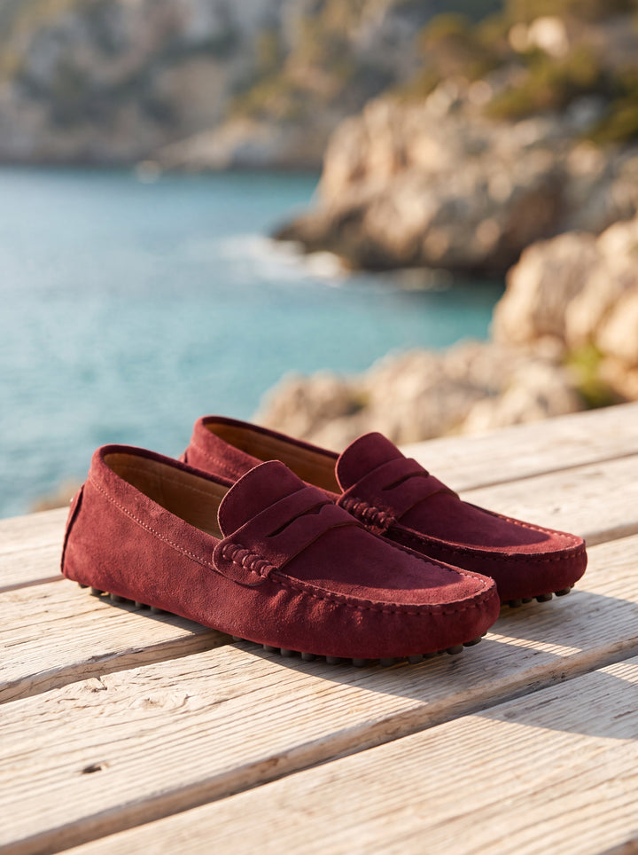 Jed loafers in Burgundy, Mediterranean setting - Gentlemens Manor lifestyle