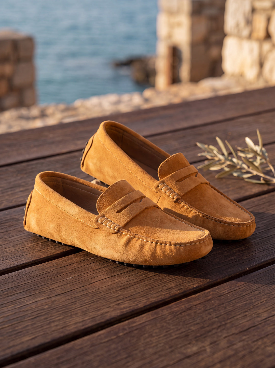 Jed loafers in Sand, Mediterranean setting - Gentlemens Manor lifestyle