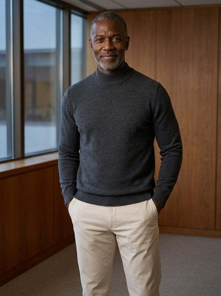 Jefferson fine knit mock neck sweater in Charcoal, lifestyle, Gentlemens Manor