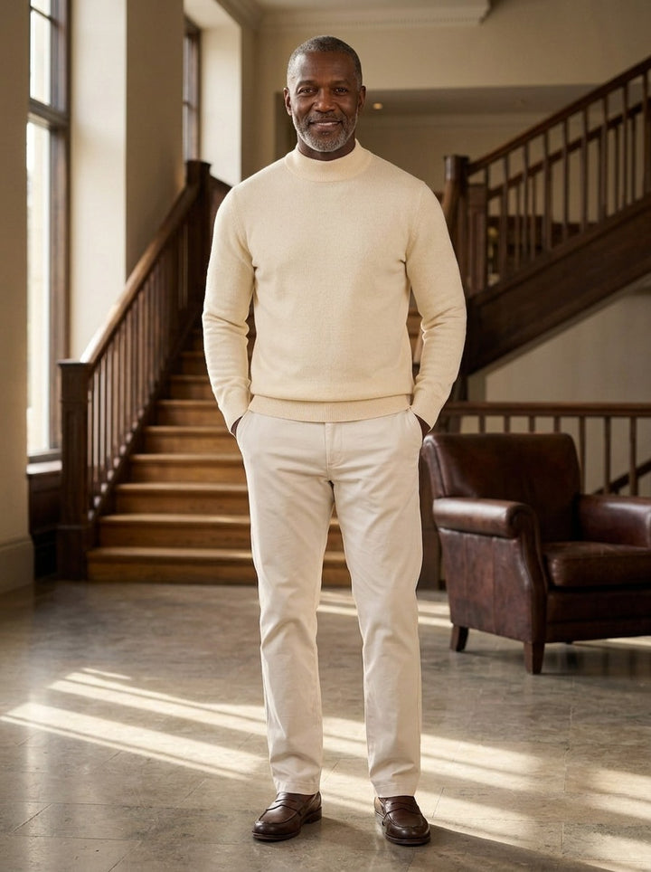 Jefferson fine knit mock neck sweater in Cream, lifestyle, Gentlemens Manor