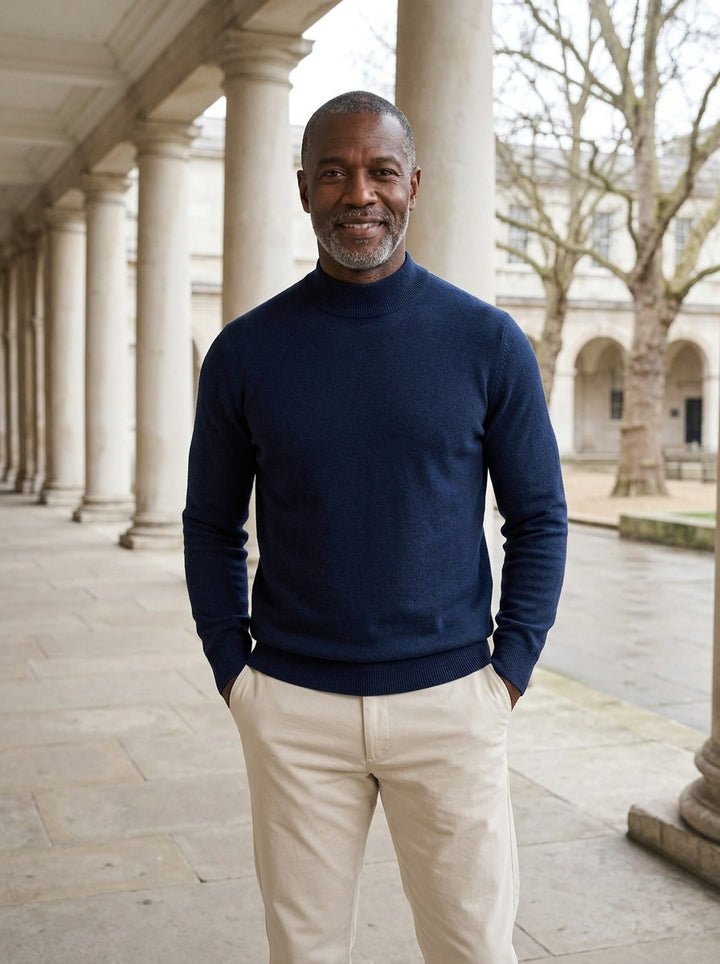 Jefferson fine knit mock neck sweater in Navy, lifestyle, Gentlemens Manor