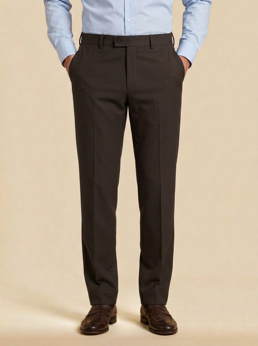 Jennings flat front button tab dress pants in Dark Brown, studio, Gentlemens Manor