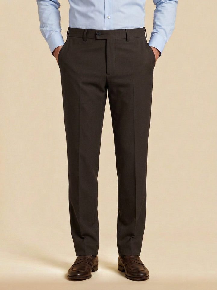 Jennings flat front button tab dress pants in Dark Brown, studio, Gentlemens Manor